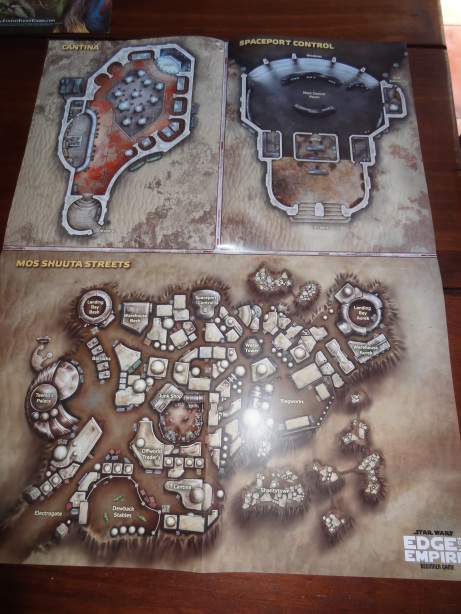 A cantina, city, and spaceport control map. 